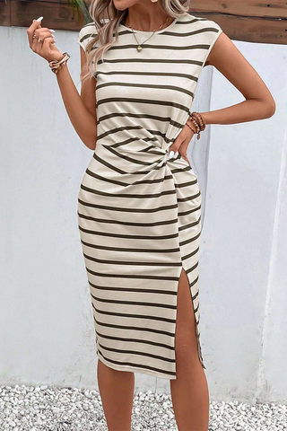 Twist Side-Split Midi Dress — Khaki Stripe, Cuavan