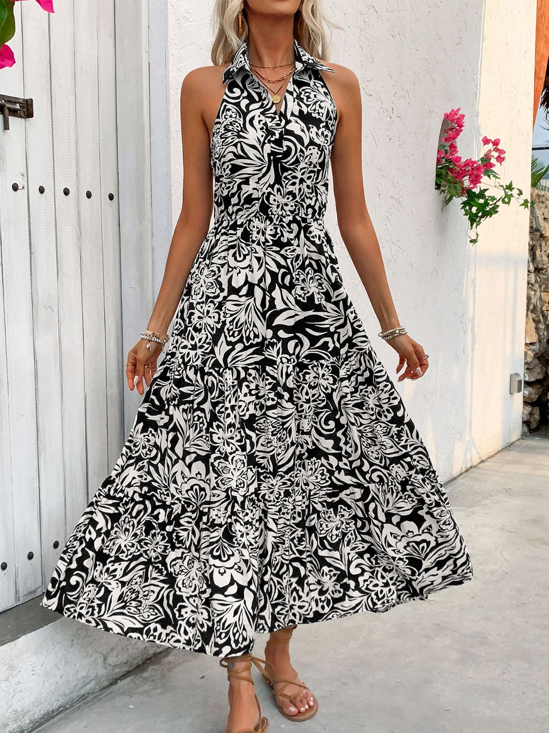 Backless Smocked Printed Midi Dress, Cuavan
