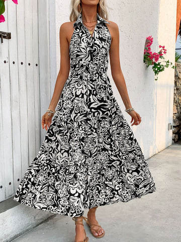 Backless Smocked Printed Midi Dress, Cuavan
