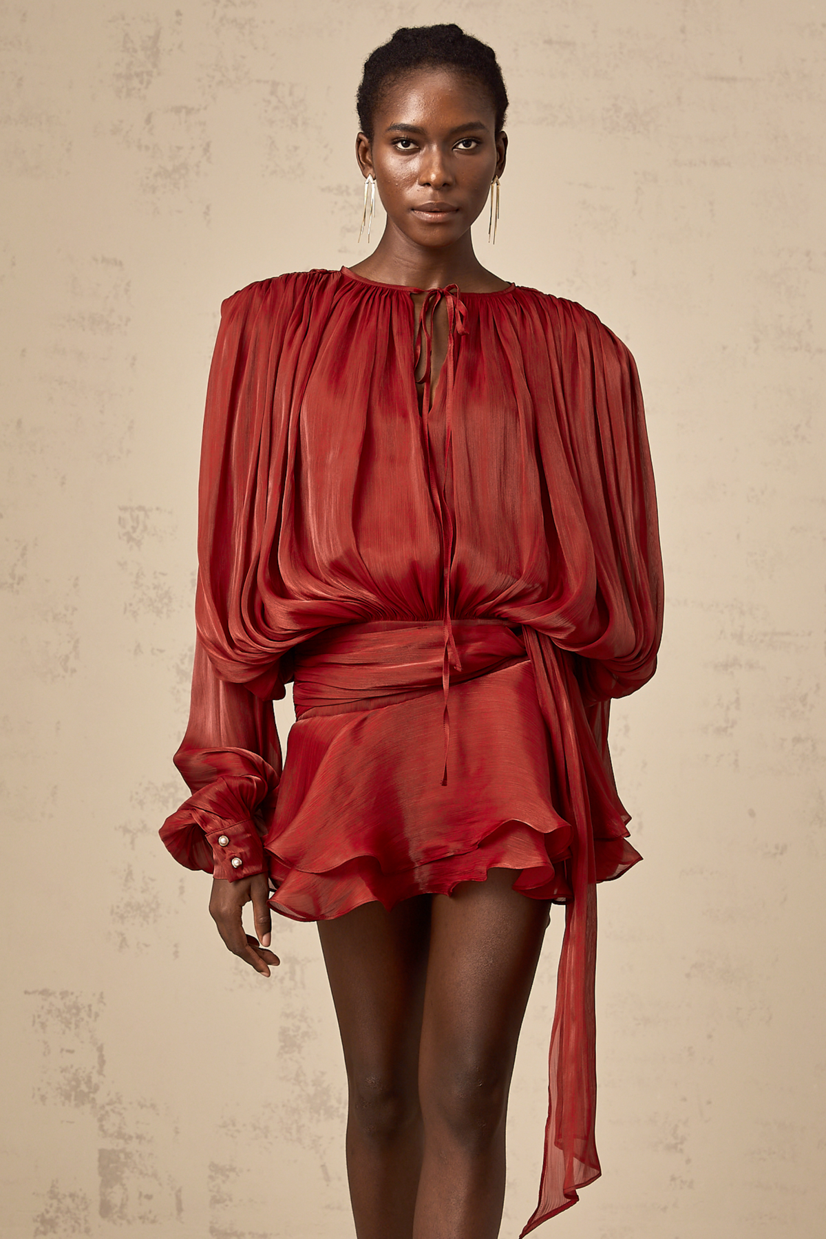 Eugénie Pleated Ruffle Mini Dress — Red