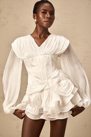 Rosier Pleated Ruffle Mini Dress — White