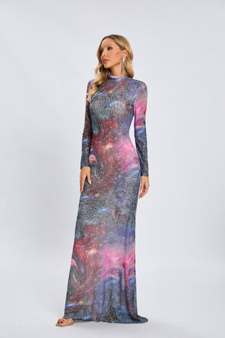 Vesper Galaxy Long-Sleeve Rhinestone Maxi Dress — Blue