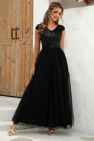Sequin V-Neck Mesh Maxi Dress, Cuavan