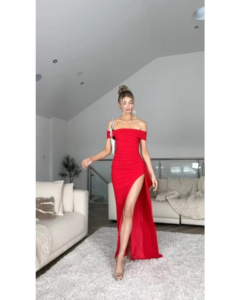 Off-The-Shoulder Party Dress — Red, Cuavan