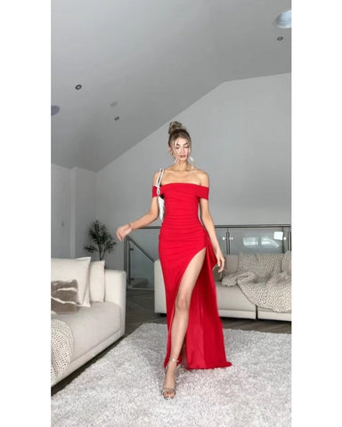 Off-The-Shoulder Party Dress — Red, Cuavan