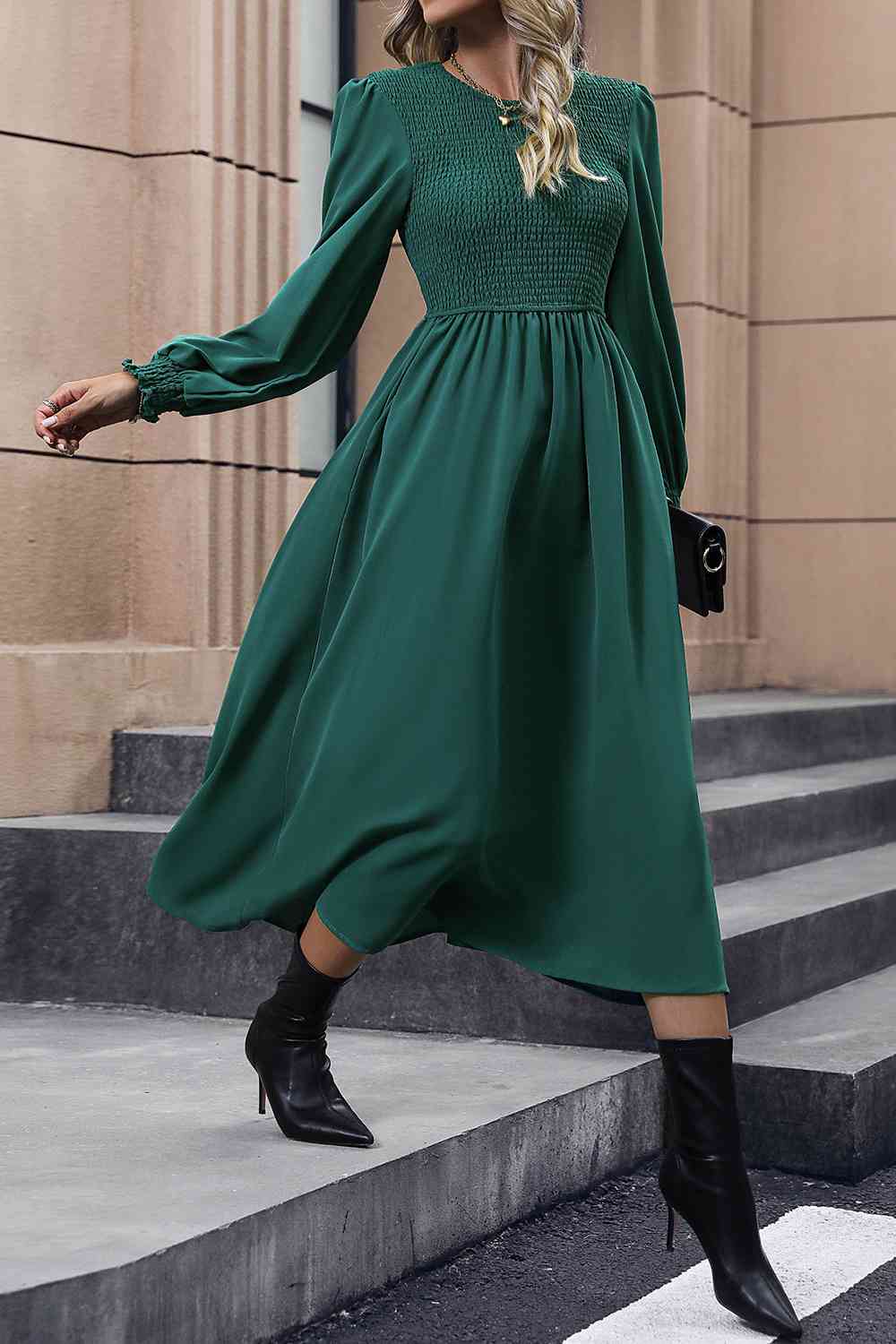 Smocked Long Sleeve Midi Dress, Cuavan