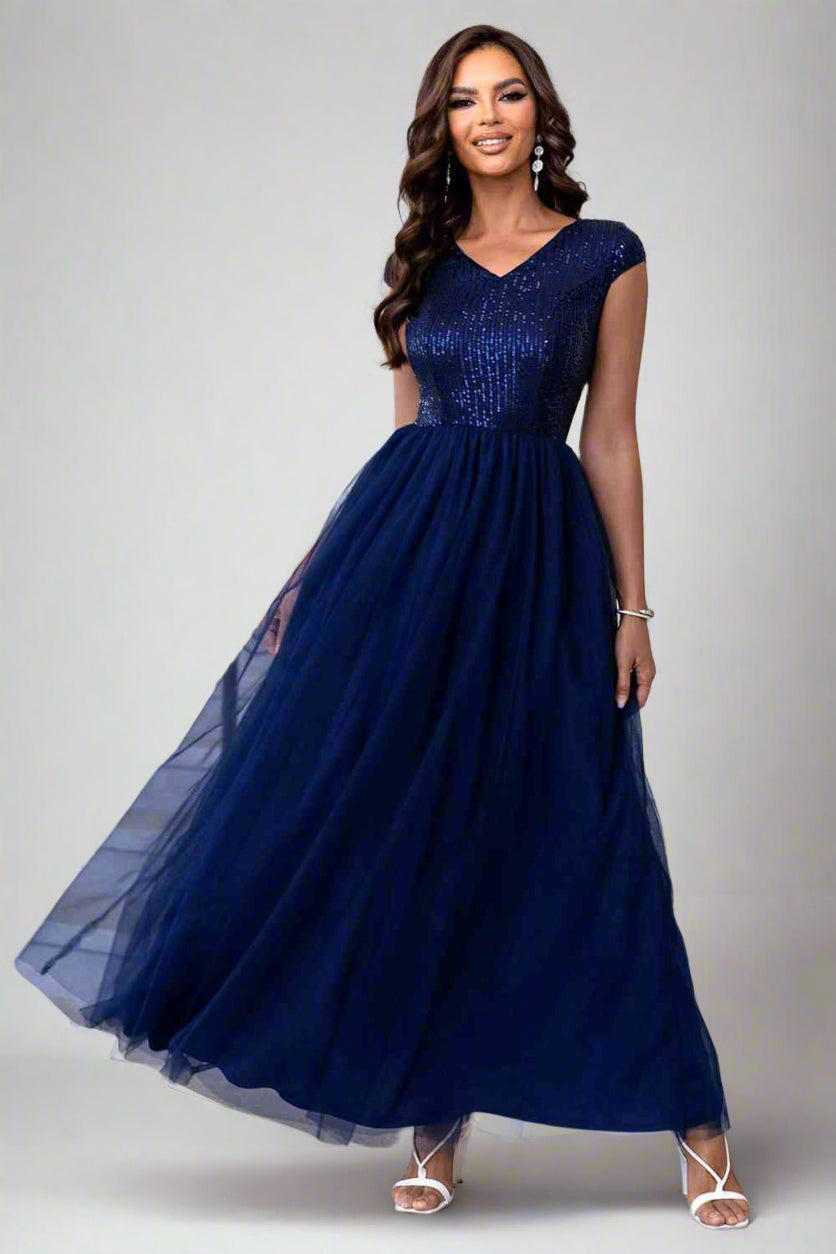 Sequin V-Neck Mesh Maxi Dress, Cuavan