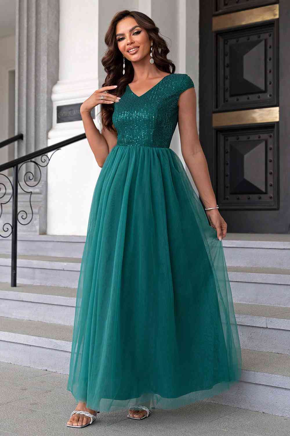 Sequin V-Neck Mesh Maxi Dress, Cuavan