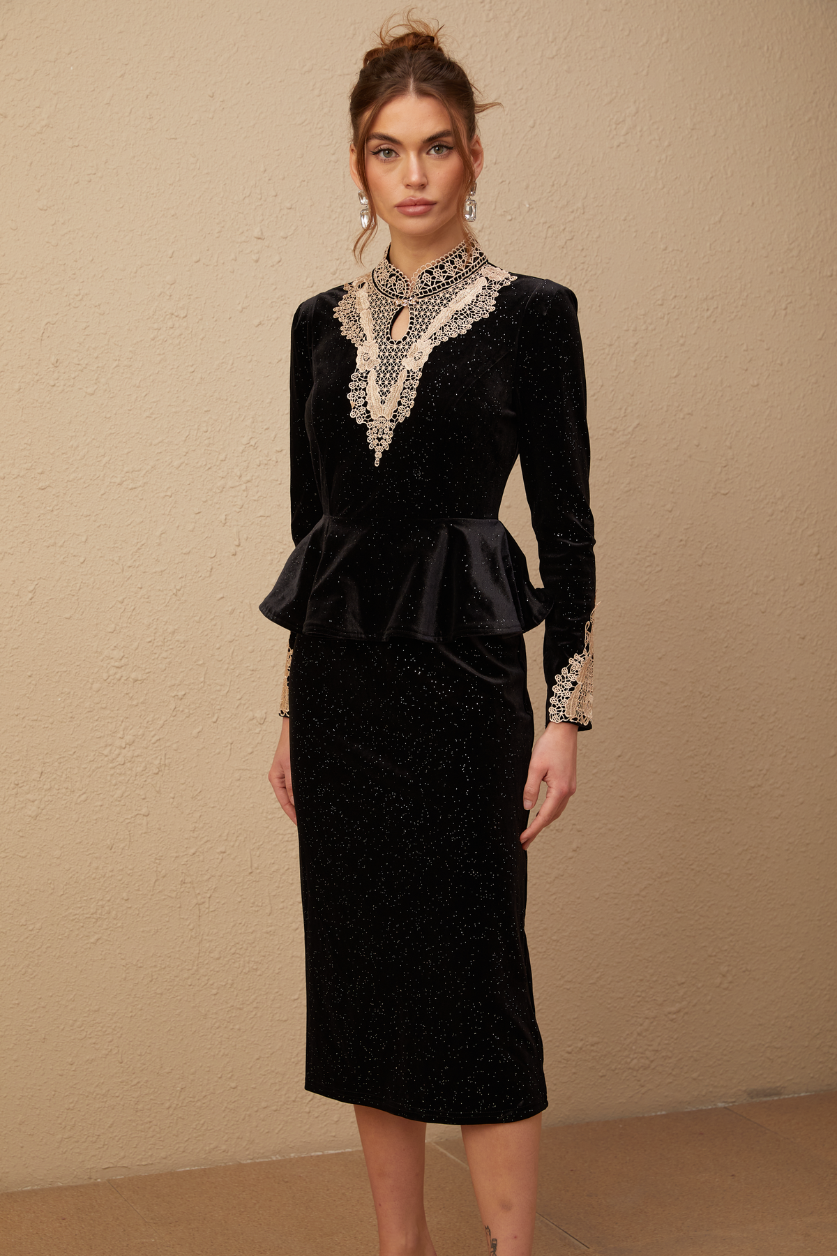 Roxane Sequined Velvet Midi Dress — Black & Gold