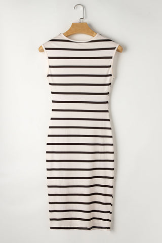 Twist Side-Split Midi Dress — Khaki Stripe, Cuavan