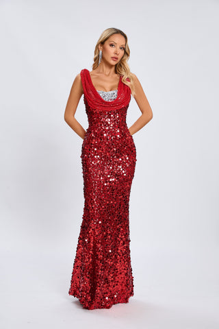 Maisie Sequin Cowl-Neck Maxi Gown — Ruby Red