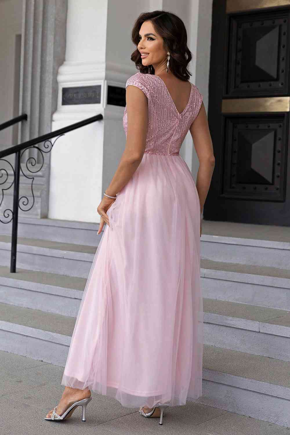 Sequin V-Neck Mesh Maxi Dress, Cuavan