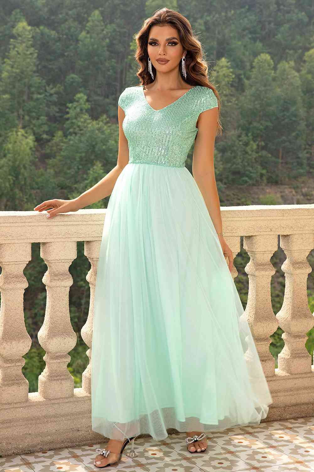 Sequin V-Neck Mesh Maxi Dress, Cuavan