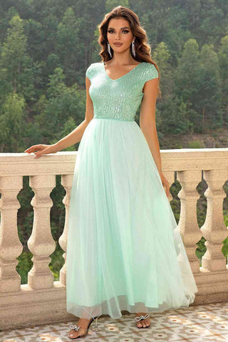 Sequin V-Neck Mesh Maxi Dress, Cuavan