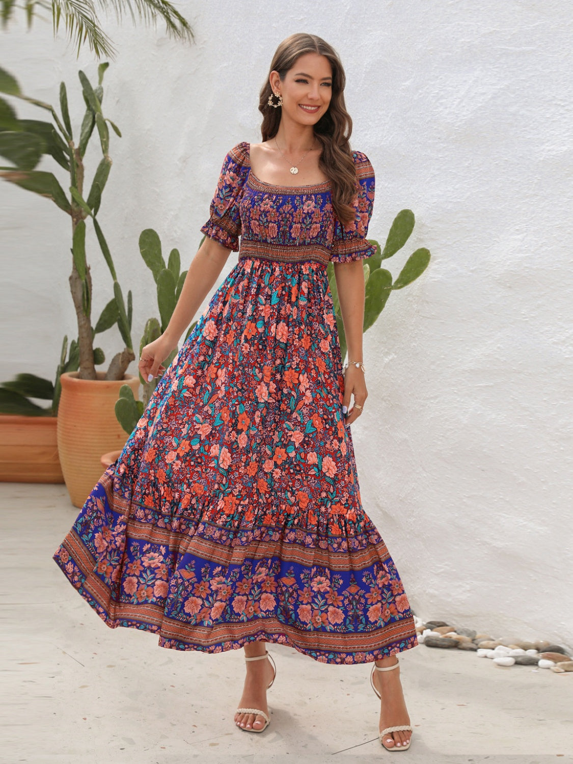 Floral Flounce Sleeve Midi Dress, Cuavan
