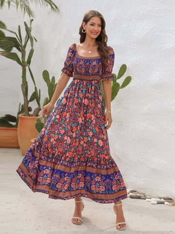 Floral Flounce Sleeve Midi Dress, Cuavan