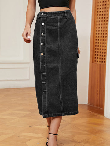 Button-Down Midi Denim Skirt, Cuavan