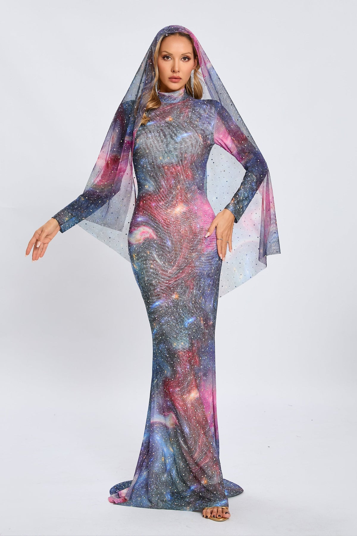 Vesper Galaxy Long-Sleeve Rhinestone Maxi Dress — Blue