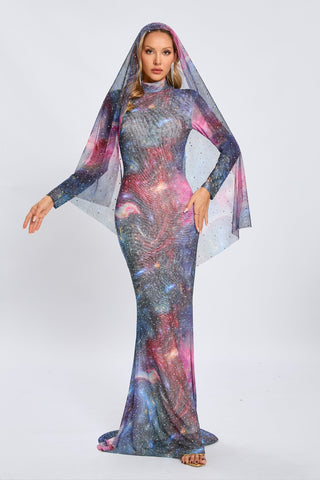 Vesper Galaxy Long-Sleeve Rhinestone Maxi Dress — Blue