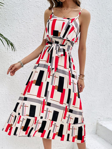 Ruffled Tie-Waist Printed Midi Dress, Cuavan