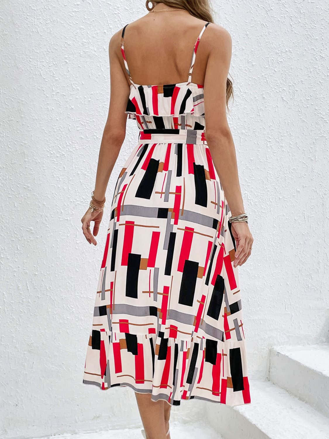 Ruffled Tie-Waist Printed Midi Dress, Cuavan