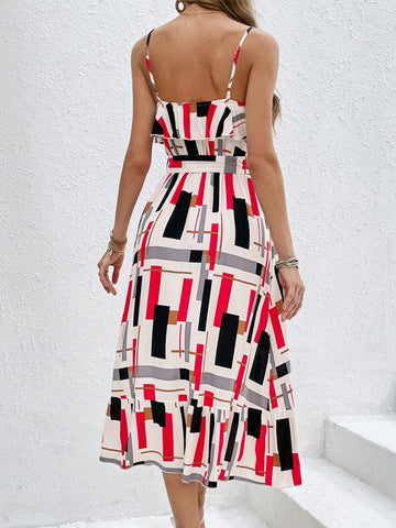 Ruffled Tie-Waist Printed Midi Dress, Cuavan