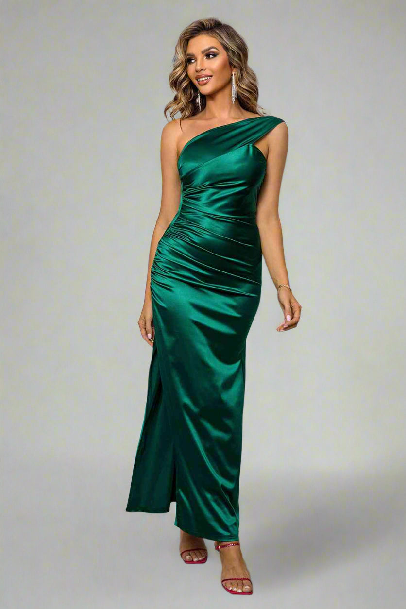 One-Shoulder Ruched Slit Maxi Dress, Cuavan
