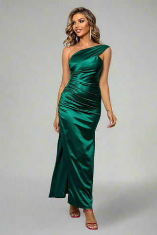 One-Shoulder Ruched Slit Maxi Dress, Cuavan