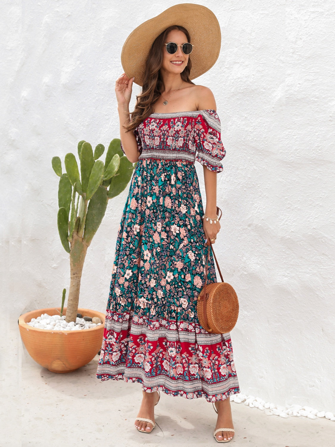 Floral Flounce Sleeve Midi Dress, Cuavan