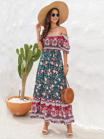 Floral Flounce Sleeve Midi Dress, Cuavan