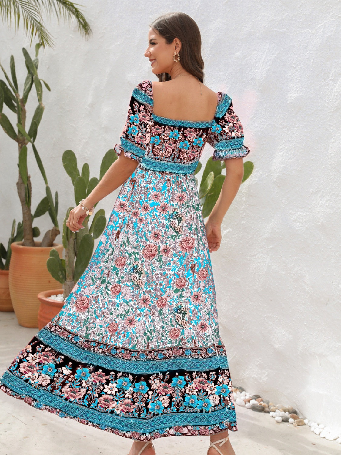 Floral Flounce Sleeve Midi Dress, Cuavan