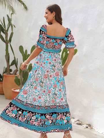 Floral Flounce Sleeve Midi Dress, Cuavan