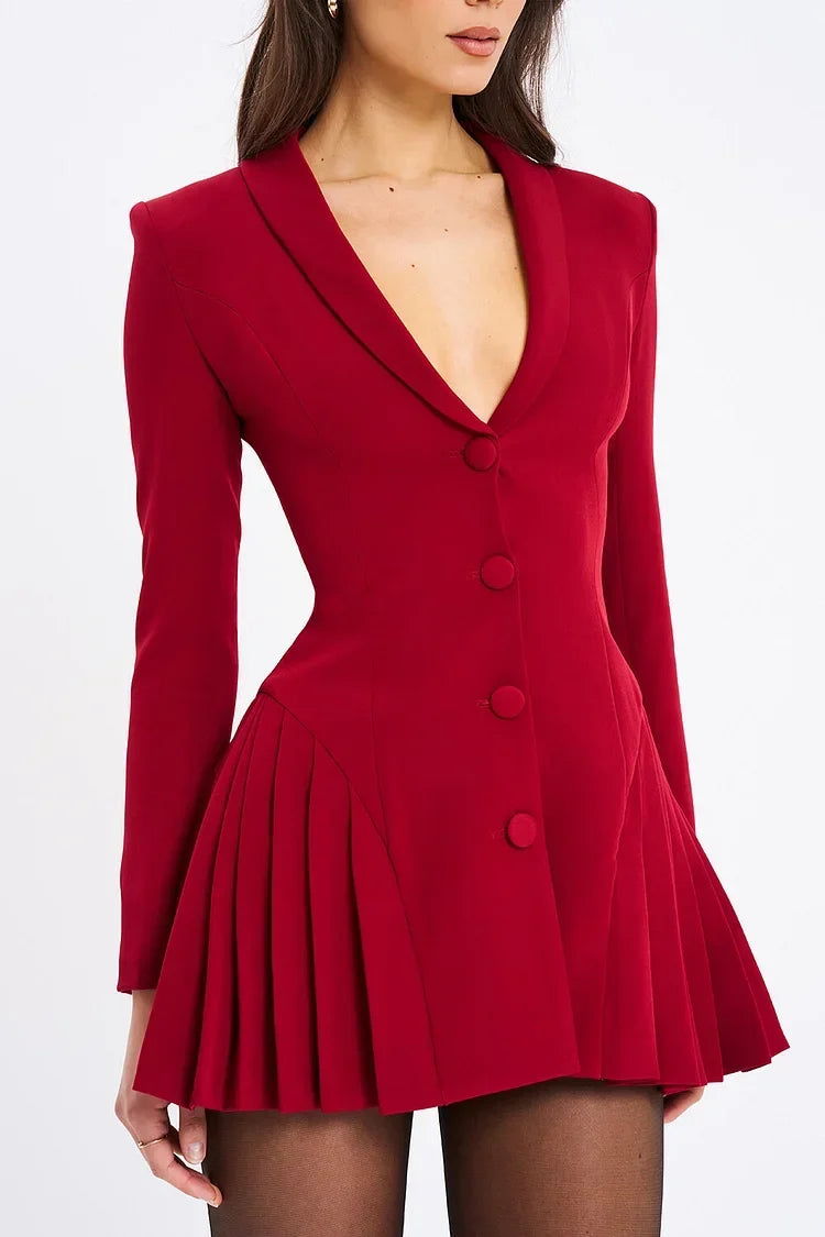 Burgundy Deep-V Blazer Mini Dress, Cuavan