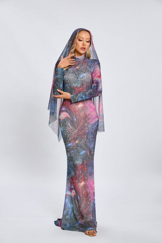 Vesper Galaxy Long-Sleeve Rhinestone Maxi Dress — Blue