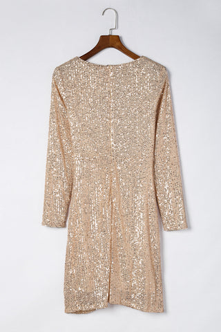 Sequin Knot Round Neck Long Sleeve Mini Dress, Cuavan