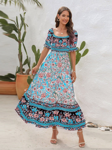 Floral Flounce Sleeve Midi Dress, Cuavan