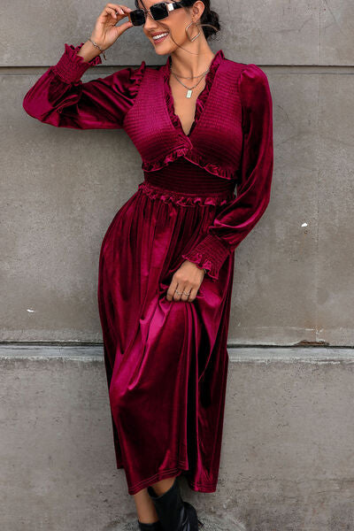 Smocked Lantern Sleeve Midi Dress, Cuavan