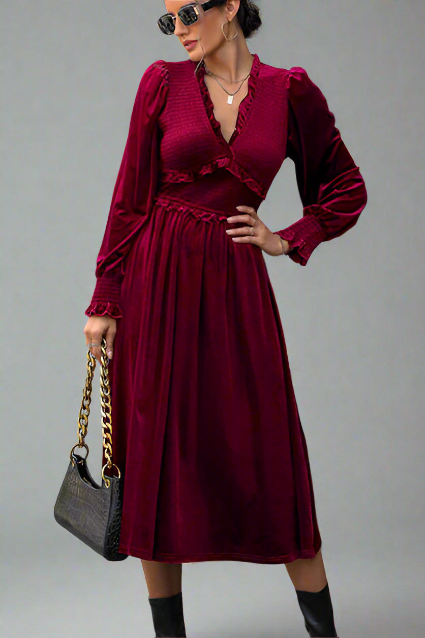 Smocked Lantern Sleeve Midi Dress, Cuavan