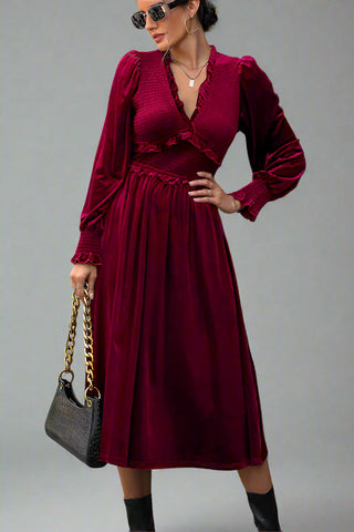 Smocked Lantern Sleeve Midi Dress, Cuavan