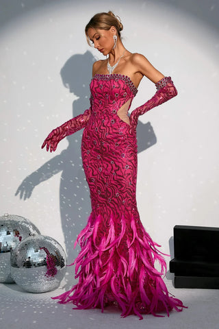 Felicity Feather Maxi Dress with Gloves — Pink