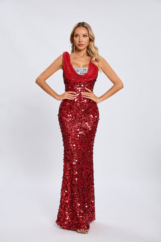 Maisie Sequin Cowl-Neck Maxi Gown — Ruby Red