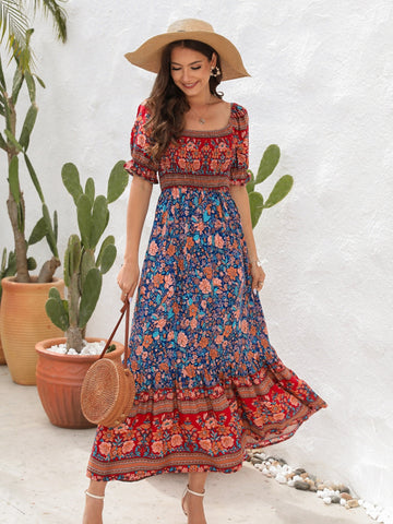 Floral Flounce Sleeve Midi Dress, Cuavan