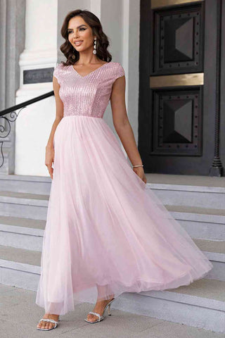 Sequin V-Neck Mesh Maxi Dress, Cuavan