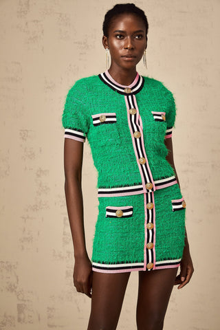 Camille Tweed Top and Skirt Set — Bright Green