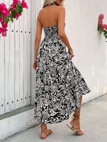 Backless Smocked Printed Midi Dress, Cuavan
