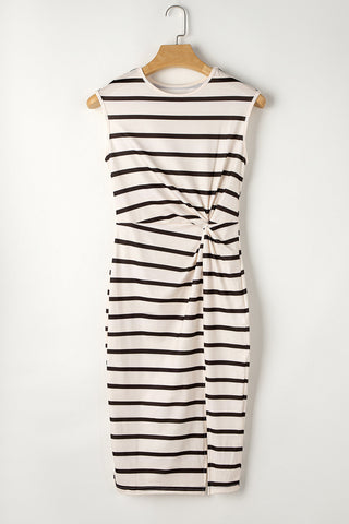 Twist Side-Split Midi Dress — Khaki Stripe, Cuavan