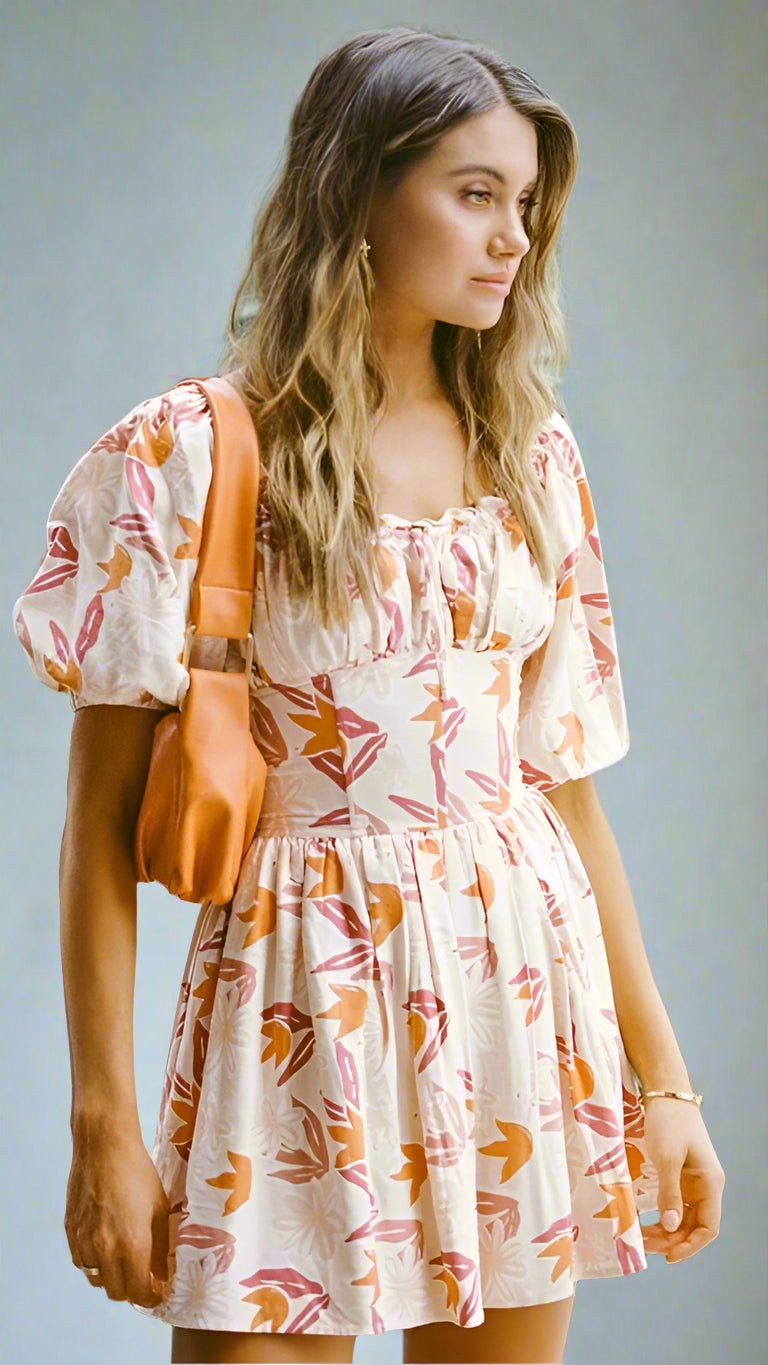 Floral Mini Dress — Orange (Short Sleeve), Cuavan