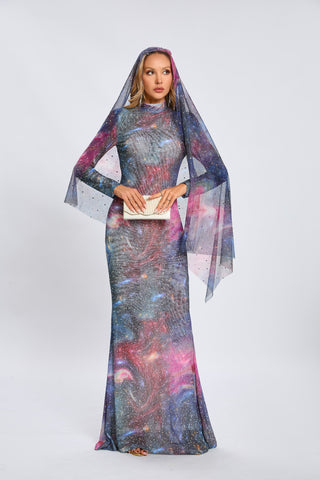 Vesper Galaxy Long-Sleeve Rhinestone Maxi Dress — Blue
