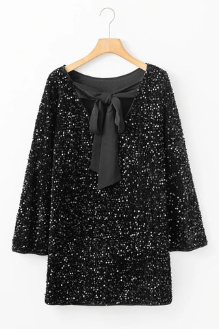 Sequin Round Neck Long Sleeve Mini Dress, Cuavan