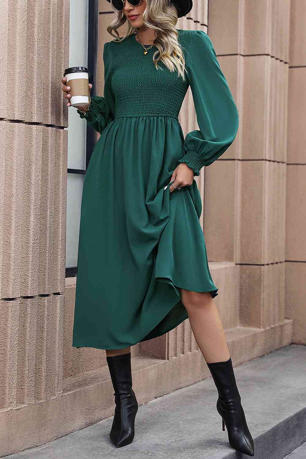 Smocked Long Sleeve Midi Dress, Cuavan